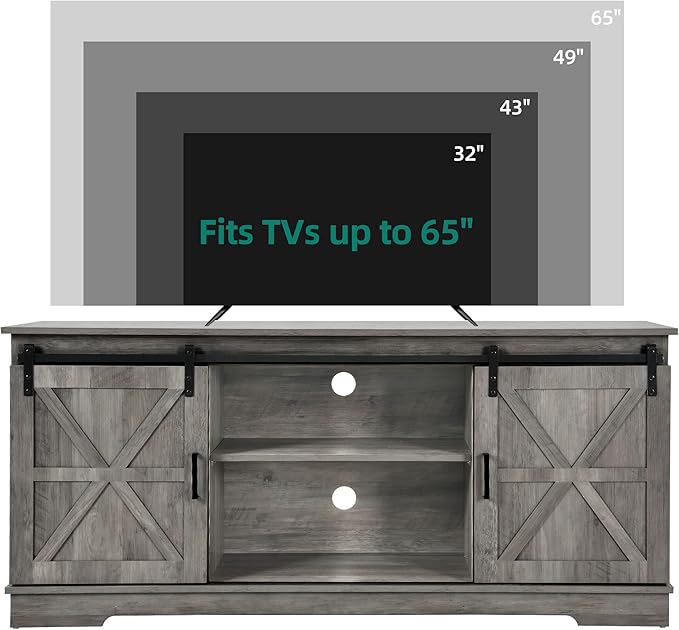 YITAHOME Farmhouse TV Stand for 65/60/55 Inch, Modern Entertainment Center with Sliding Barn Door, Wood TV Media Console Storage TV Cabinet for Living Room for 300lbs, Rustic Grey - LeafyLoom