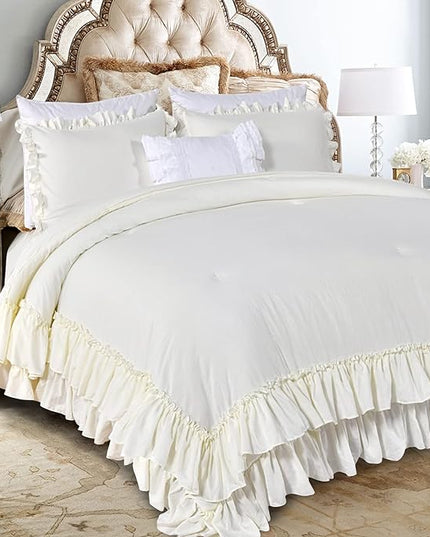 Ivory Ruffled Comforters Queen Size,Farmhouse Shabby Boho Chic Comforter Set,French Country Microfiber Inner Fill Ivory Bedding 3PCS(1 Ruffle Comforter and 2 Pillowcases) - LeafyLoom