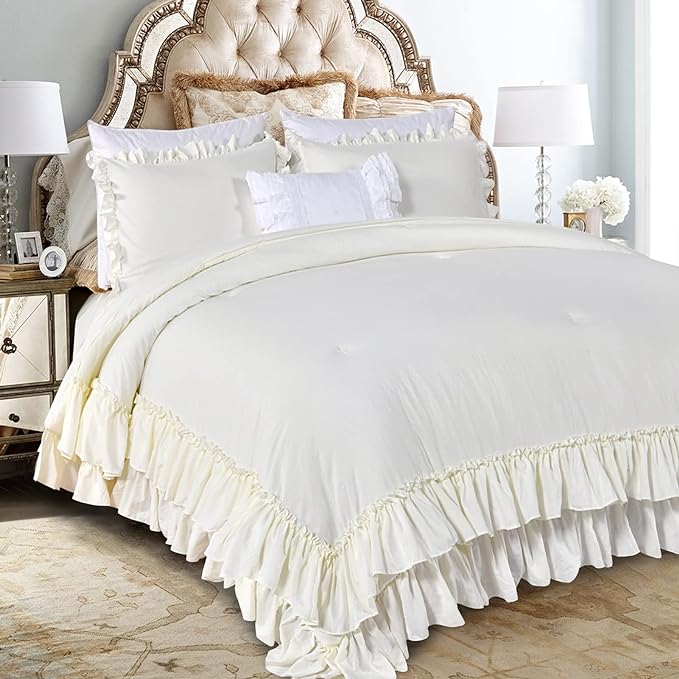 Ivory Ruffled Comforters Queen Size,Farmhouse Shabby Boho Chic Comforter Set,French Country Microfiber Inner Fill Ivory Bedding 3PCS(1 Ruffle Comforter and 2 Pillowcases) - LeafyLoom