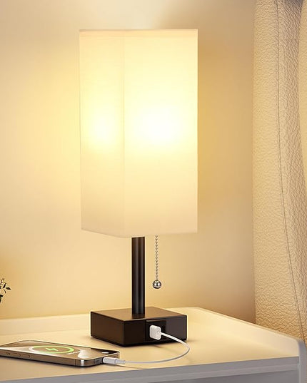 White Small Table Lamp for Bedroom - 3 Color Temperature 3000K 5000K 4000K Bedside Lamp, Pull Chain Control, USB A and C Charging Ports, Black Base, for Kids Office Dorm Nightstand, Bulb Included - LeafyLoom