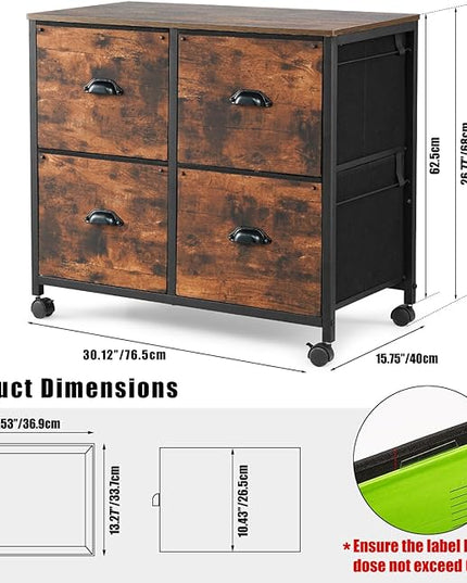 TOPSKY 4 Drawers Mobile Fabric Lateral File Cabinet with Casters for Letter SIze File (Rustic Brown) - LeafyLoom
