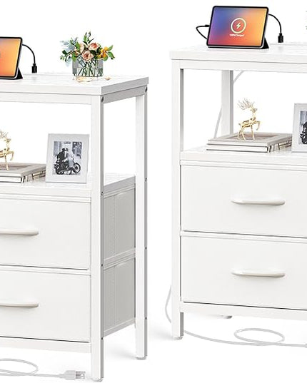 Nightstands Set of 2, End Tables with Charging Station, Side Tables with Fabric Drawers, Bedside Tables with USB Ports and Outlets, Night Stands for Bedroom, White - LeafyLoom