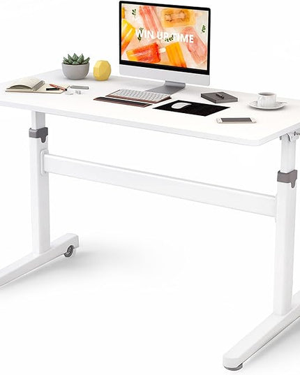 Manual Standing Desk Adjustable Height- Crank Mobile Standing Desk 48 x 24 Inches Sit Stand Desk Frame & Top, Stand Up Desk on Wheels, Computer Desk White Frame & White - LeafyLoom