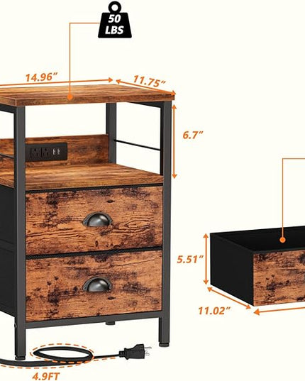 Furologee End Table with Charging Station, Nightstand with Fabric Drawers, Side Table with USB Ports & Outlets, Night Stand with Storage Shelf & Hooks, for Living Room/Bedroom, Rustic Brown - LeafyLoom