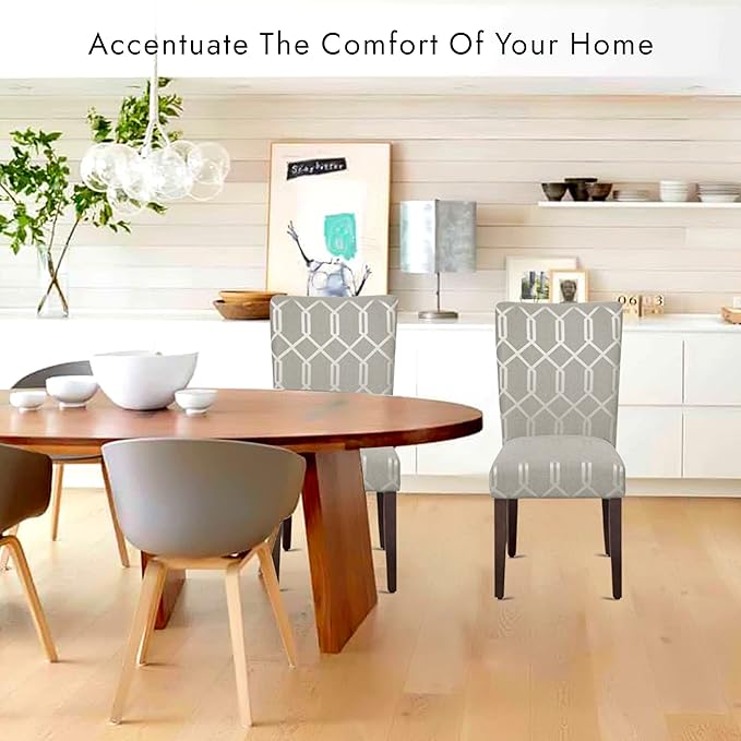 HomePop Parsons Classic Upholstered Accent Dining Chair, Set of 2, 23.5"D x 19"W x 38"H, Pewter Grey and Lattice Cream - LeafyLoom