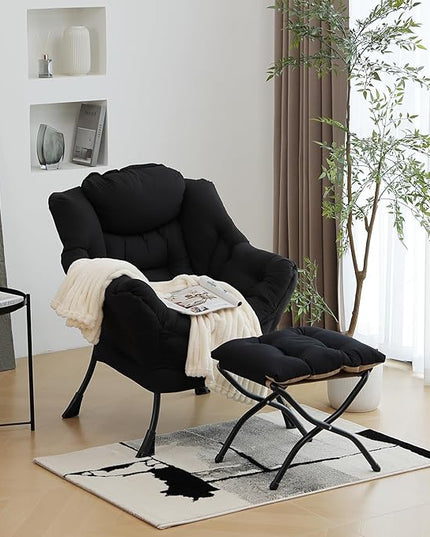 Lazy Chair with Ottoman, Modern Chair with Folding Footrest, Lounge Accent Chair, Comfortable Reading Chair (Peach Black) - LeafyLoom