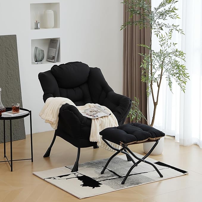 Lazy Chair with Ottoman, Modern Chair with Folding Footrest, Lounge Accent Chair, Comfortable Reading Chair (Peach Black) - LeafyLoom