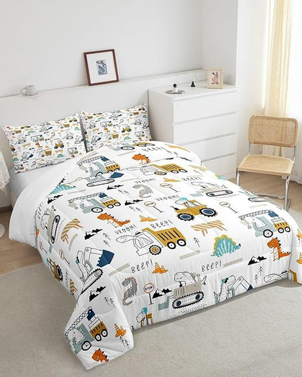 Feelyou Construction Bedding Set Queen Size Equipment Trucks Comforter Set for Kids Boys Girls Decor Dinosaur Comforter 3D Digital Print Yellow Duvet Set Bedroom Quilt Set - LeafyLoom