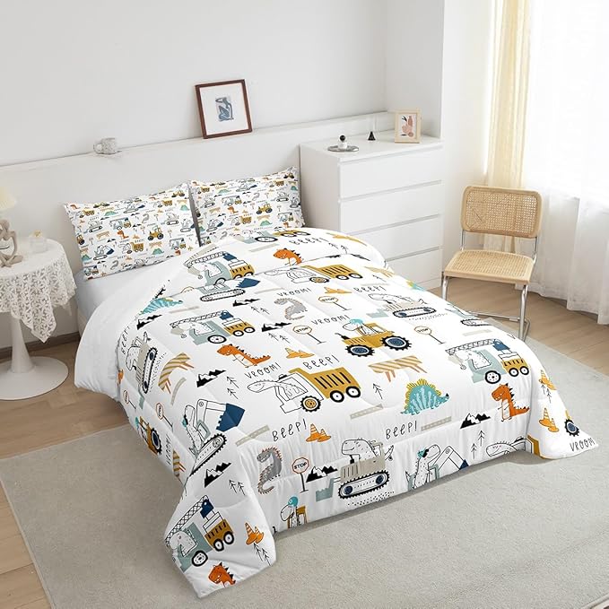 Feelyou Construction Bedding Set Twin Size Equipment Trucks Comforter Set for Kids Boys Girls Decor Dinosaur Comforter 3D Digital Print Yellow Duvet Set Bedroom Quilt Set - LeafyLoom