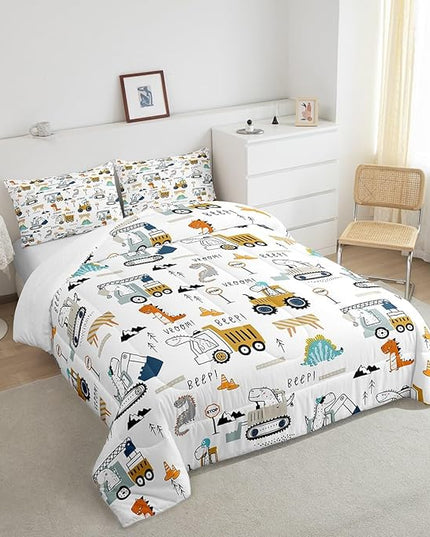 Feelyou Construction Bedding Set King Size Equipment Trucks Comforter Set for Kids Boys Girls Decor Dinosaur Comforter 3D Digital Print Yellow Duvet Set Bedroom Quilt Set - LeafyLoom