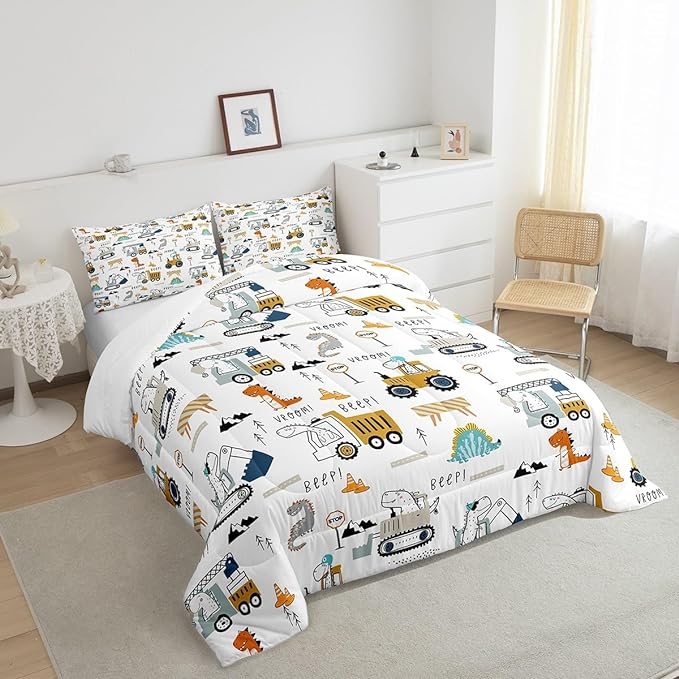 Feelyou Construction Bedding Set King Size Equipment Trucks Comforter Set for Kids Boys Girls Decor Dinosaur Comforter 3D Digital Print Yellow Duvet Set Bedroom Quilt Set - LeafyLoom