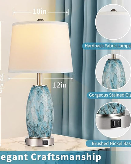Table Lamps Set of 2, 3-Way Lighting Modes Modern Table Lamps for Bedroom, Coastal Bedside Lamps with USB Port & Type C, Glass Nightstand Lamps, 24" Table Lamps for Living Room Bedroom Decoration - LeafyLoom