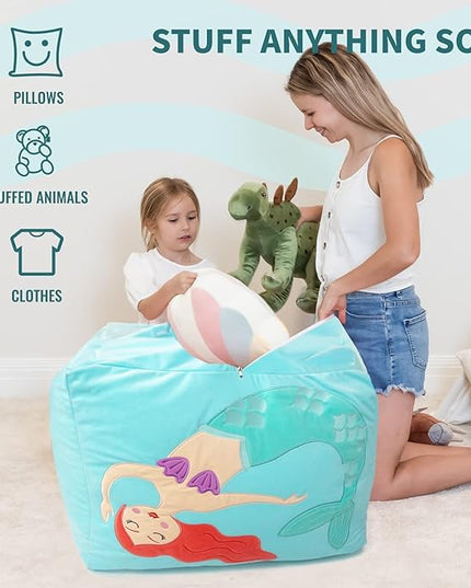 Aubliss Unicorn Stuffed Animal Storage Bean Bag Chair for Kids, Velvet Extra Soft Beanbag Chairs Cover, X-Large Stuffable Zipper Bean Bag for Organizing Plush Toys Girls Bedroom Decor,Cyan - LeafyLoom