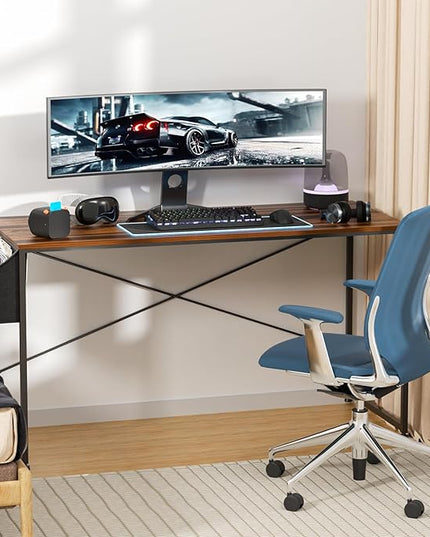 MoNiBloom 55 Inches Large Computer Desk with Storage Bag, Study Work Writing Table w/Metal Frame for Home Office, Walnut Color - LeafyLoom