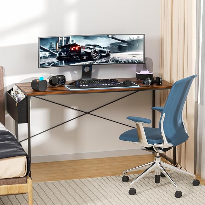 MoNiBloom 55 Inches Large Computer Desk with Storage Bag, Study Work Writing Table w/Metal Frame for Home Office, Walnut Color - LeafyLoom