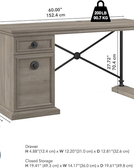 Bush Furniture Coliseum Designer Desk with Storage, Home Office Computer, 60W, Driftwood Gray - LeafyLoom