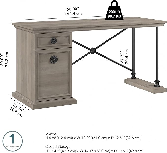 Bush Furniture Coliseum Designer Desk with Storage, Home Office Computer, 60W, Driftwood Gray - LeafyLoom