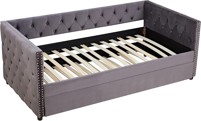Twin Size Velvet Upholstered Daybed with Twin Trundle, Solid Wood Sofa Bed w/Button Tufted Backrest, for Living Room, Bedroom, Dorm, No Box Spring Needed, Space-Saving Design, Grey - LeafyLoom