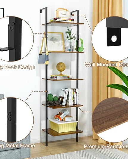 5 Tier Ladder Shelf with 2 Hooks, Modern Metal Wood Bookcase Shelf, Wall Mounted Bookshelf, Standing Display Storage Organizer for Home, Office, Kitchen, Living Room, Bedroom - LeafyLoom