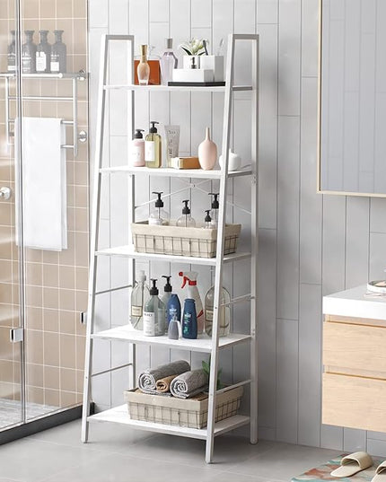 Yusong Ladder Shelf,Industrial 5-Tier Bookshelf,Free Standing Bookcase,Utility Organizer Shelves for Plant Flower,Wood Look Accent Furniture with Metal Frame for Home Office, (White) - LeafyLoom
