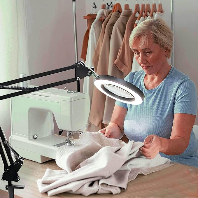 Magnifying Glass with Light and Stand, Desk Lamp with 10X Magnifying, 3 Color Modes, Dimmable Swivel Arm Magnifier Light for Crafts Workbench - LeafyLoom