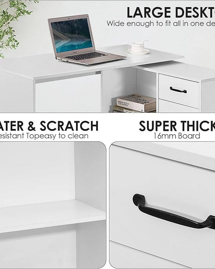L-Shaped Rotating Computer Desk 68 inch with Storage Shelves Home Office Corner Desk with Drawers and File Cabinet Multipurpose Study Writing Table for Bedroom Small Space White - LeafyLoom