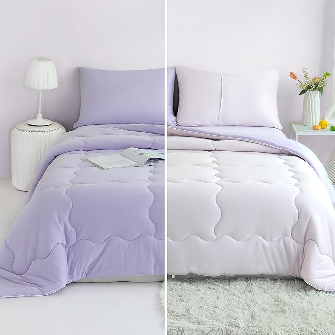 COTTEBED Reversible Ultra-Soft Purple and Light Pink King Size Bed Comforter Set, Jersey Knit T-Shirt Feel Cute Comy Bedding Down Blanket Quilt & Pillowcase Lightweight All Season California Cal King - LeafyLoom