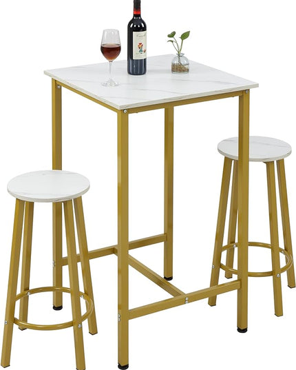 Finnhomy Bar Table Set, 23.6" Pub Table High Top Table, Square Bar Height Table, Bar Table with Stools, Kitchen Table Set for 2, Industrial Breakfast for Kitchen, Living Room, Gold - LeafyLoom
