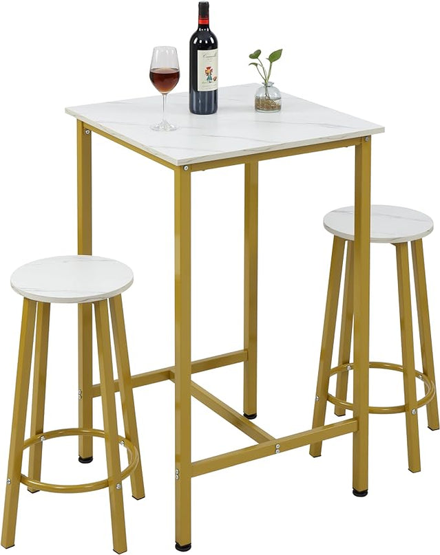 Finnhomy Bar Table Set, 23.6" Pub Table High Top Table, Square Bar Height Table, Bar Table with Stools, Kitchen Table Set for 2, Industrial Breakfast for Kitchen, Living Room, Gold - LeafyLoom