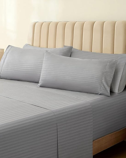 LuxClub 6 PC King Size Sheet Set Bed Sheets, Breathable Luxury Bed Sheets, Deep Pockets 18" Wrinkle Free Cooling Bed Sheets Machine Washable Hotel Bedding (King, Striped Light Grey) - LeafyLoom