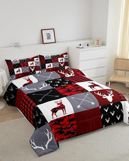 Boys Deer Antlers Silhouettes Comforter Set King Size,Geometric Plaids Patchwork Bedding Set 3pcs for Kids Teens Adults Girls Home Decor,Red Camouflage Christmas Xmas Down Comforter,Rustic Farmhouse - LeafyLoom
