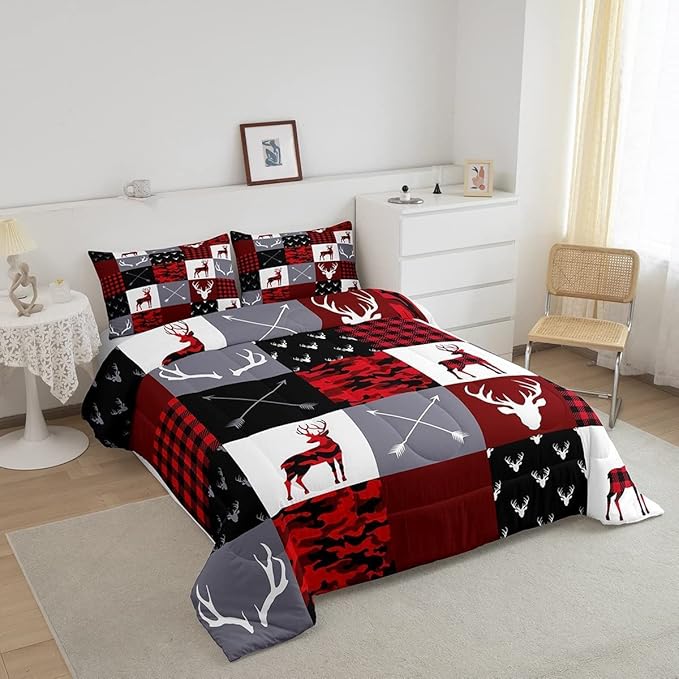 Boys Deer Antlers Silhouettes Comforter Set King Size,Geometric Plaids Patchwork Bedding Set 3pcs for Kids Teens Adults Girls Home Decor,Red Camouflage Christmas Xmas Down Comforter,Rustic Farmhouse - LeafyLoom