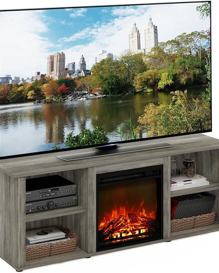 Furinno Classic 60 Inch TV Stand with Fireplace, French Oak Grey - LeafyLoom