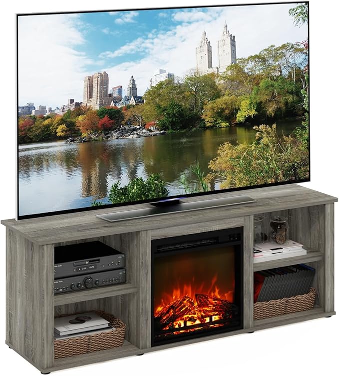 Furinno Classic 60 Inch TV Stand with Fireplace, French Oak Grey - LeafyLoom