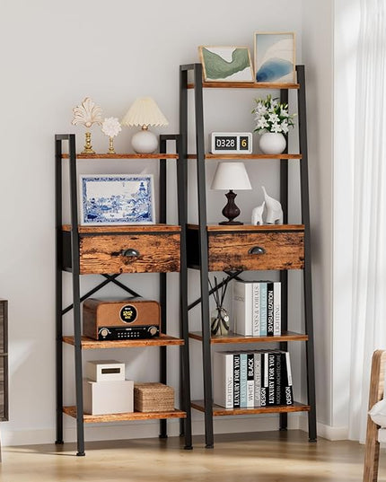 Furologee 4 Tier Ladder Shelf, Narrow Ladder Book Shelf with Drawer, Modern Bookcase Freestanding Shelf Units, Storage Shelves Organizer for Bedroom, Living Room, Bathroom, Home Office, Rustic Brown - LeafyLoom