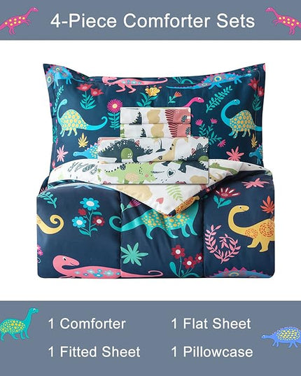 Dinosaur Twin Comforter Set for Boys Girls 4-Piece Dino Kids Bedding Sets Ultra Soft Cartoon Bedroom Set - Include Reversible Comforter, Flat Sheet, Fitted Sheet and Pillowcase, Blue - LeafyLoom