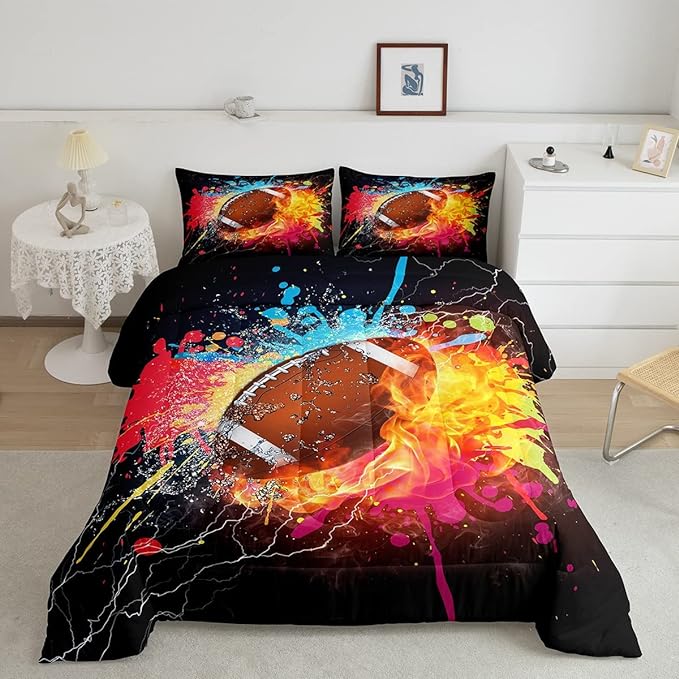 Erosebridal Football Comforter Set for Teen Boys Kids Hippie Tie Dye Sports Football Bedding Sets Rugby Bed Quilt Set Queen Size 1 Comforter and 2 Pillow Cases Colorful Sport Theme Bedroom Decor - LeafyLoom