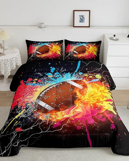 Erosebridal Football Comforter Set for Teen Boys Kids Hippie Tie Dye Sports Football Bedding Sets Rugby Bed Quilt Set King Size 1 Comforter and 2 Pillow Cases Colorful Sport Theme Bedroom Decor - LeafyLoom