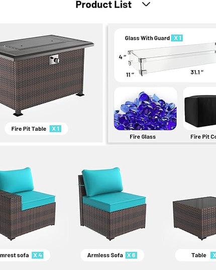 Kullavik 13 Pieces Outdoor Patio Furniture Set with 43" 55000BTU Gas Propane Fire Pit Table PE Wicker Rattan Sectional Sofa Patio Conversation Sets,Blue - LeafyLoom