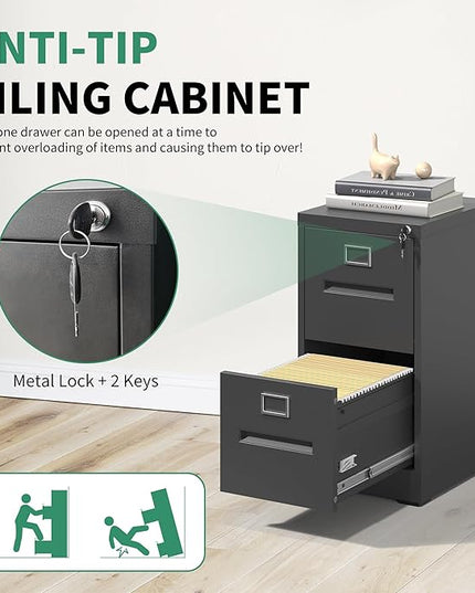 2 Drawer File Cabinet,Metal Filing Cabinets with Lock,Black Vertical File Cabinet for Home Office,Heavy Duty Metal Storage Cabinet for A4/Letter/Legal Size File,Assembly Required - LeafyLoom