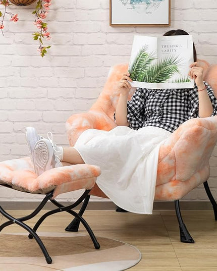 HollyHOME Faux-Fur Lazy Chair with Foldable Ottoman, Accent Comfy Lounge Arm Chair and Folding Footrest Stool Set, Leisure Sofa Reading Chair and Footstool for Living Room, Bedroom, Orange&White - LeafyLoom