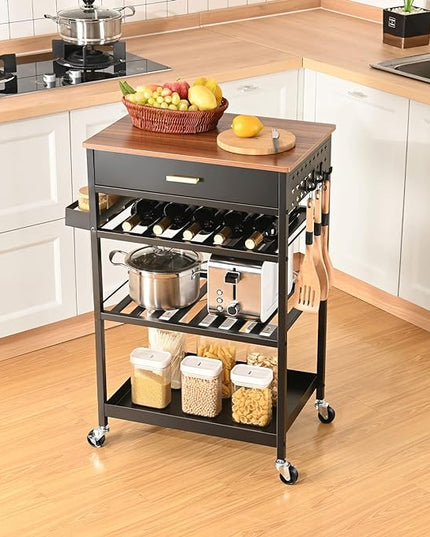 TOOLF Kitchen Island Cart with Drawer, Rolling Kitchen Service Cart with Wooden Tabletop, 3-Tier Storage Cart on Wheels, Storage Trolley Cart with Hooks for Kitchen, Dining Room - LeafyLoom