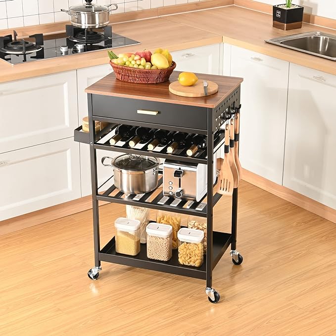 TOOLF Kitchen Island Cart with Drawer, Rolling Kitchen Service Cart with Wooden Tabletop, 3-Tier Storage Cart on Wheels, Storage Trolley Cart with Hooks for Kitchen, Dining Room - LeafyLoom