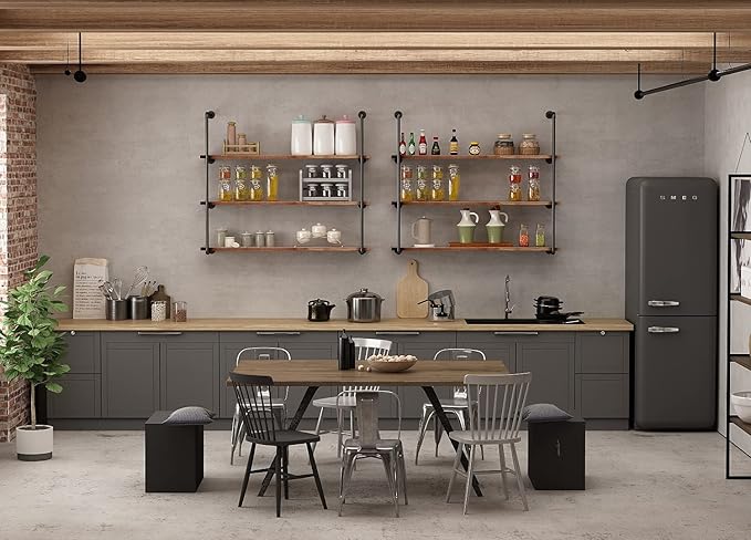 Industrial Wall Mounted Pipe Shelving,Rustic Metal Floating Shelves,Steampunk Real Wood Bookcases,DIY Bookshelf Hanging Shelves,Farmhouse Kitchen Bar Office Home Storage (5-Tier with 4 Boards,36in) - LeafyLoom
