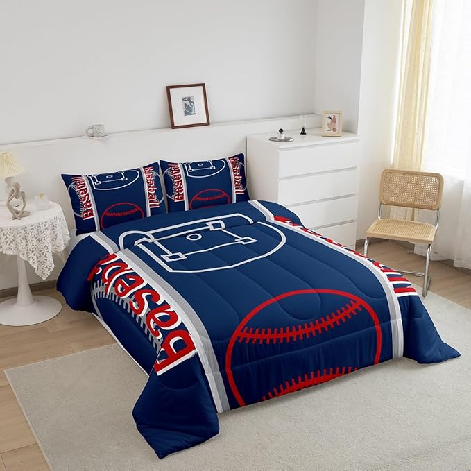 Feelyou Baseball Print Bedding Set Full Size Sports Game Comforter Set for Kids Boys Girls Decor Baseball Gaming Comforter Microfiber Ball Duvet Set Bedroom Quilt Set - LeafyLoom