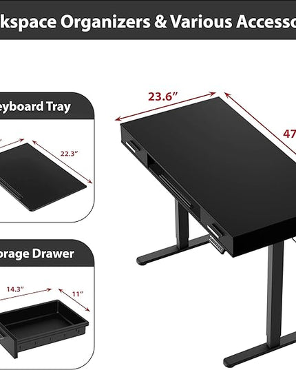 SHW 48-Inch Electric Height Adjustable Desk with Keyboard Tray and Two Drawers, Black - LeafyLoom