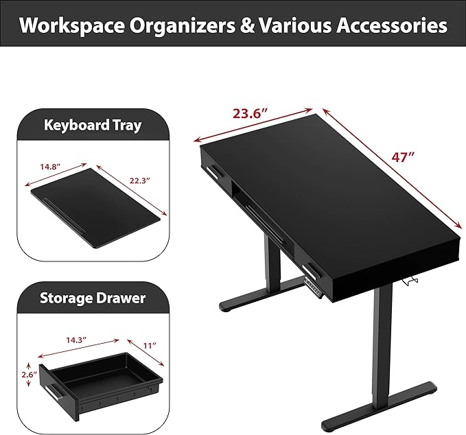 SHW 48-Inch Electric Height Adjustable Desk with Keyboard Tray and Two Drawers, Black - LeafyLoom