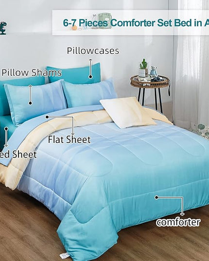 Girls Comforter Set Queen Size Colorful Ombre Blue Yellow Rainbow Bedding Set 7 Pieces Bed in A Bag for Teen Girls Women(1 Comforter, 1 Flat Sheet, 1 Fitted Sheet, 2 Pillow sham, 2 Pillowcases) - LeafyLoom
