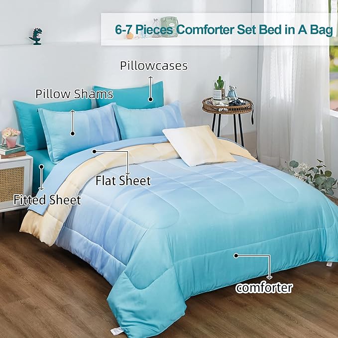 Girls Comforter Set Queen Size Colorful Ombre Blue Yellow Rainbow Bedding Set 7 Pieces Bed in A Bag for Teen Girls Women(1 Comforter, 1 Flat Sheet, 1 Fitted Sheet, 2 Pillow sham, 2 Pillowcases) - LeafyLoom