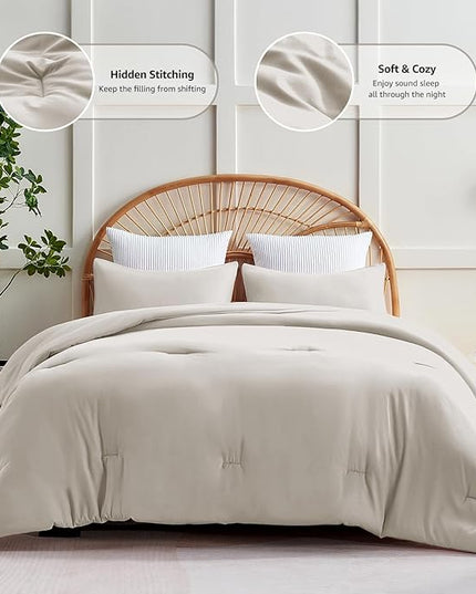 CozyLux Beige Comforter Set King Size, 3 Pieces Boho Solid Breathable Quilted Style Bedding Sets, Luxury Fluffy Soft Microfiber Comforter for All Season(1 Comforter & 2 Pillowcases) - LeafyLoom